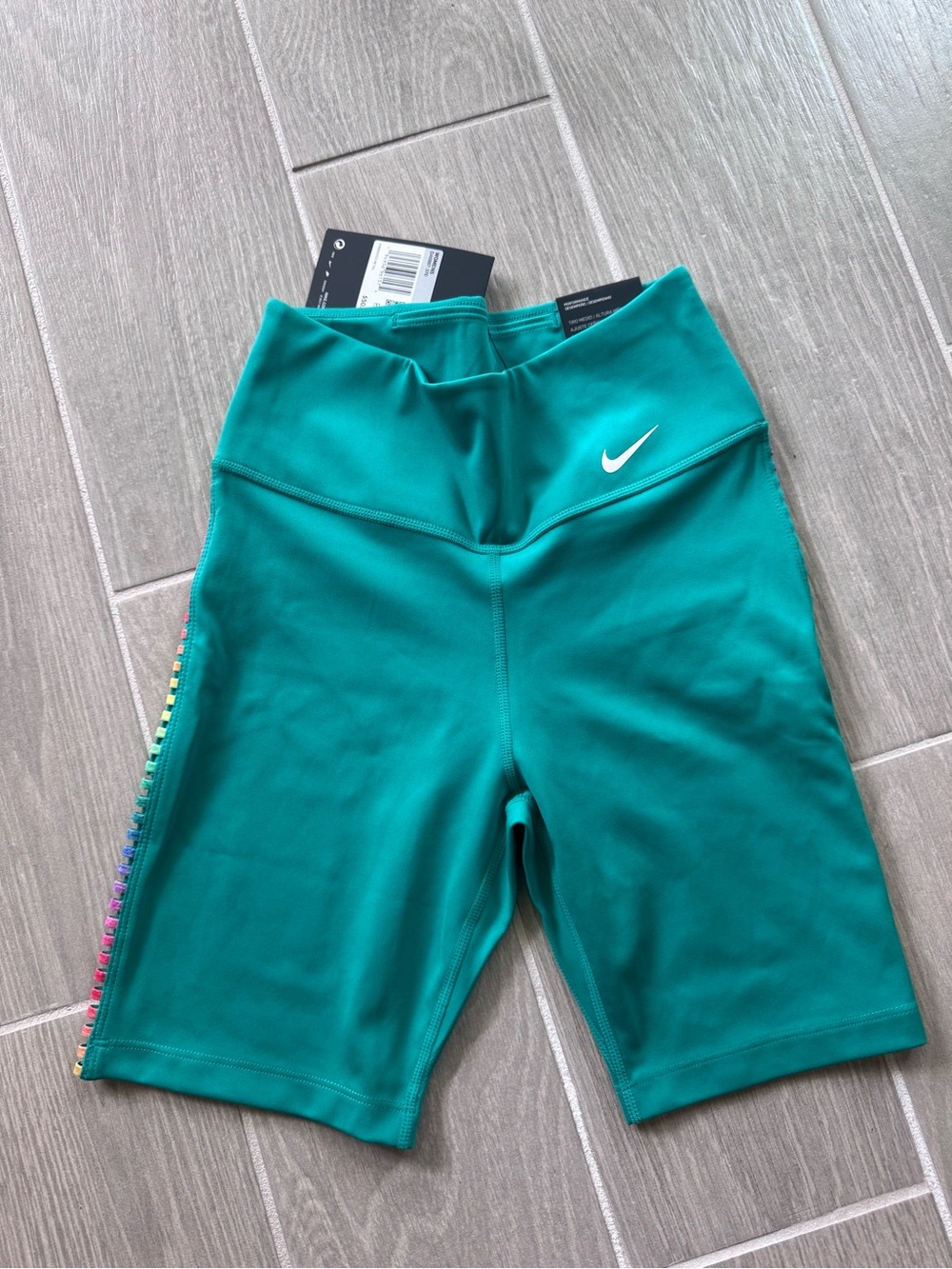 Nike Teal Green High-Waist Shorts with Rainbow Side Trim
